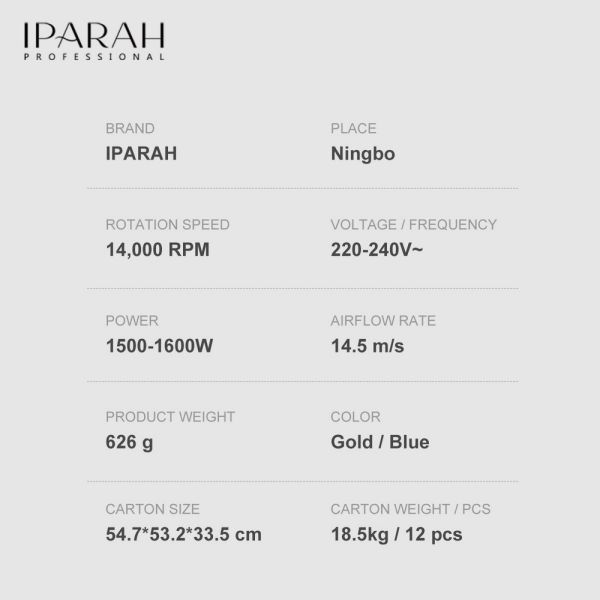 Професійний фен IPARAH P-300P PINK, 2 рівня обдува, 3 рівня температури, 1500W-1600W, ефірна олія