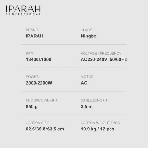 Професійний фен IPARAH P-342, 2 рівня обдува, 3 рівня температури, 2000-2200W