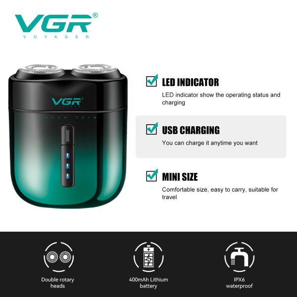 Електробритва VGR V-348 GREEN, роторна, IPX6