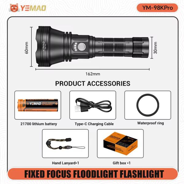 Ліхтар YEMAO YM-98K PRO AY90-N95 LED, 1x21700, ЗУ Type-C