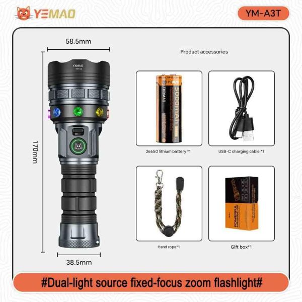 Ліхтар YEMAO YM-A3T 1+18LED, 1x26650, ЗУ Type-C, zoom, магніт