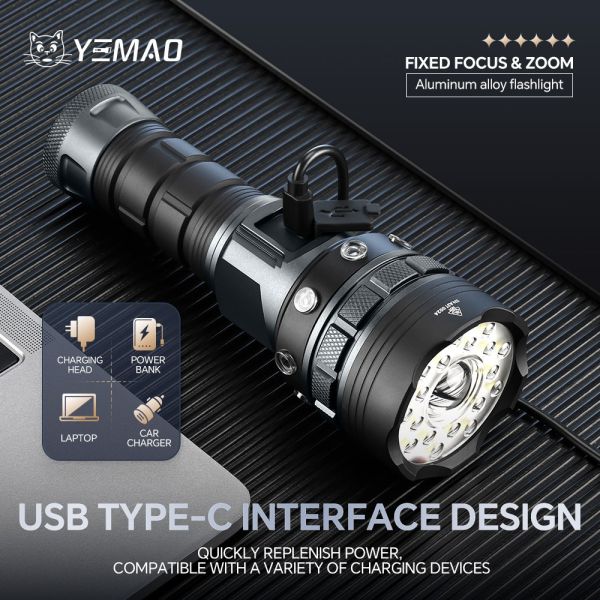 Ліхтар YEMAO YM-A3T 1+18LED, 1x26650, ЗУ Type-C, zoom, магніт