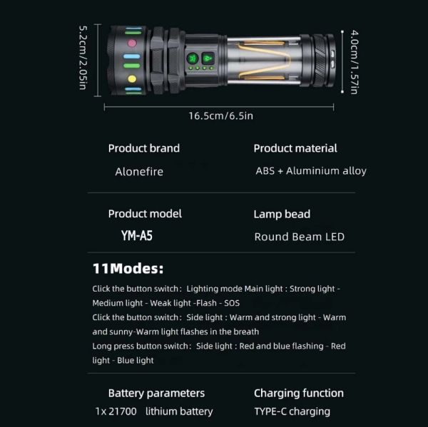 Ліхтар YEMAO YM-A5 TG 30W, 1x21700, Power Bank, ЗУ Type-C, zoom, функція лампи