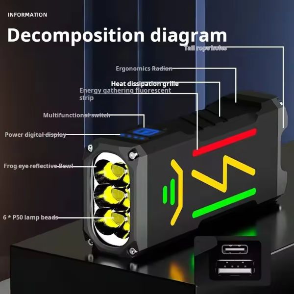 Ліхтар YEMAO YM-G666Y 6P90, Li-Ion акумулятор, Power Bank, ЗУ Type-C, чохол
