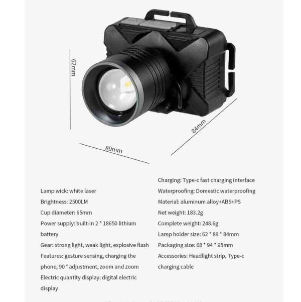 Ліхтар налобний YEMAO YM-T305 TG 30W, Motion Sensor, Li-Ion акумулятор, ЗУ Type-C, zoom