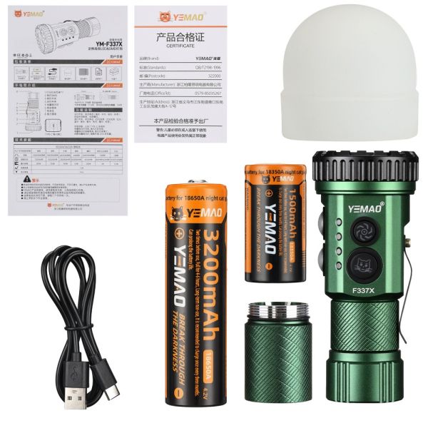 Тактичний ліхтар YEMAO YM-F337X, 3500LM, акумулятори 18650 + 18350 (3200 + 1500 mAh), бокові світлодіоди (червоний, синій, зелений