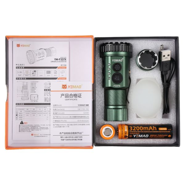 Тактичний ліхтар YEMAO YM-F337X, 3500LM, акумулятори 18650 + 18350 (3200 + 1500 mAh), бокові світлодіоди (червоний, синій, зелений