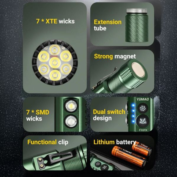 Тактичний ліхтар YEMAO YM-F337X, 3500LM, акумулятори 18650 + 18350 (3200 + 1500 mAh), бокові світлодіоди (червоний, синій, зелений