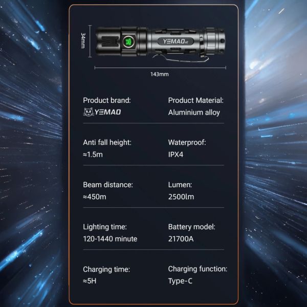Тактичний ліхтар YEMAO YM-А7, 2200LM, акумулятор 21700 (5000 mAh)