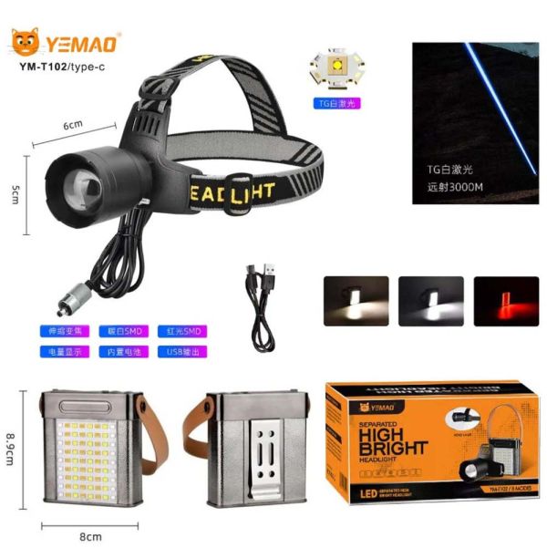 Ліхтар налобний YEMAO YM-T102 TG+SMD(White+Red), Li-Ion акумулятор, ЗУ Type-C, Internal battery, zoom