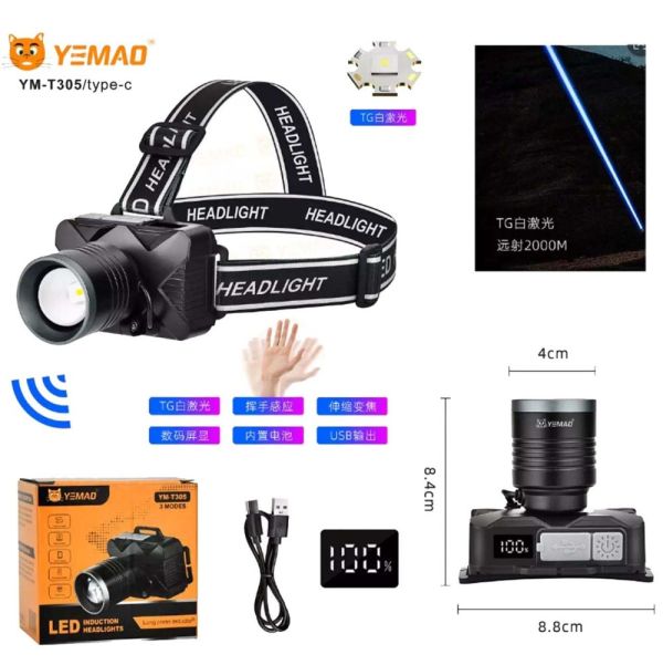 Ліхтар налобний YEMAO YM-T305 TG 30W, Motion Sensor, Li-Ion акумулятор, ЗУ Type-C, zoom
