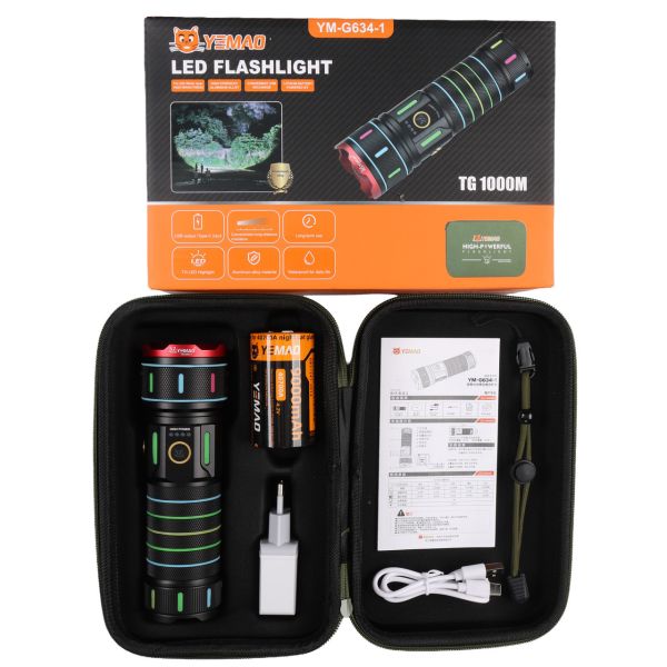 Тактичний ліхтар YEMAO YM-G634-1, 2500LM, акумулятор 40700 (9000 mAh), чохол, блок живлення