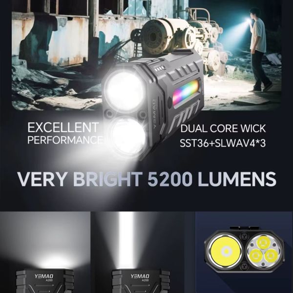 Ліхтар YEMAO YM-A200-3SLWAV4+SST36+RGB, Li-Ion акумулятор, ЗУ Type-C, магніт