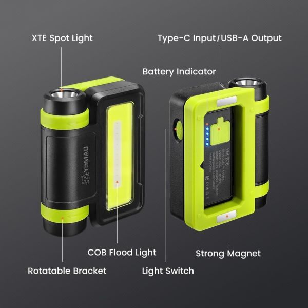 Ліхтар YEMAO YM-B70-XTE+COB(white+red+blue), Li-Ion акумулятор, Power Bank, ЗУ Type-C, магніт, IPX4