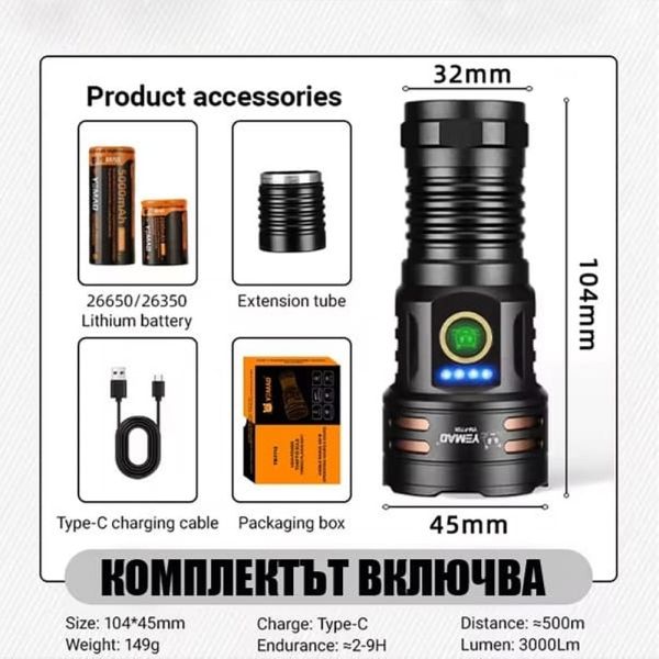 Ліхтар YEMAO YM-F71X-TG+6P35, 1x26650/26350, ЗУ Type-C, магніт, IP55
