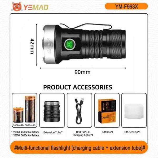 Ліхтар YEMAO YM-F963X-5XTE+4XPE, multi-color light, UV, 1x26650/26350, ЗУ Type-C, магніт, ковпачок