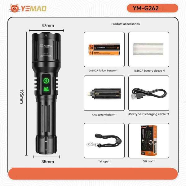 Ліхтар YEMAO YM-G262-TG+лазер(Green), 1x26650, ЗУ Type-C, zoom