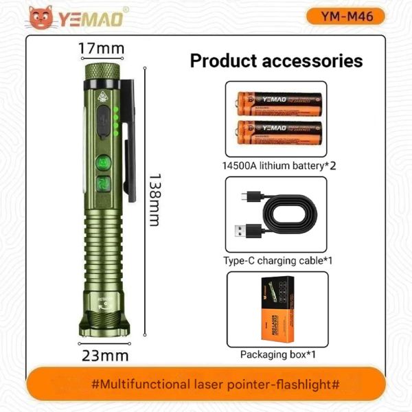 Ліхтар YEMAO YM-M46-XPG+11SMD(white+red+blue+UV)+лазер(red), 1x14500/1xAA, ЗУ Type-C, магніт, відкривалка