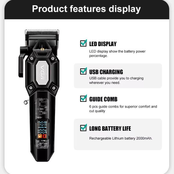 Акумуляторна машинка для стрижки (clipper) VGR V-600 BLACK, 6 насадок, регулятор висоти, LED display, 7000 RPM