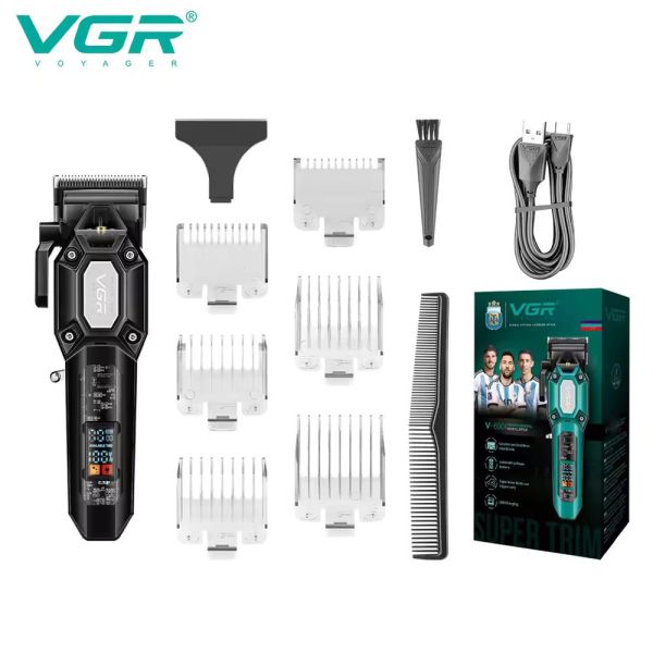 Акумуляторна машинка для стрижки (clipper) VGR V-600 BLACK, 6 насадок, регулятор висоти, LED display, 7000 RPM