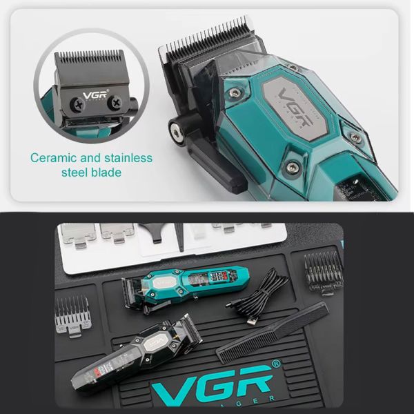 Акумуляторна машинка для стрижки (clipper) VGR V-600 GREEN, 6 насадок, регулятор висоти, LED display, 7000 RPM