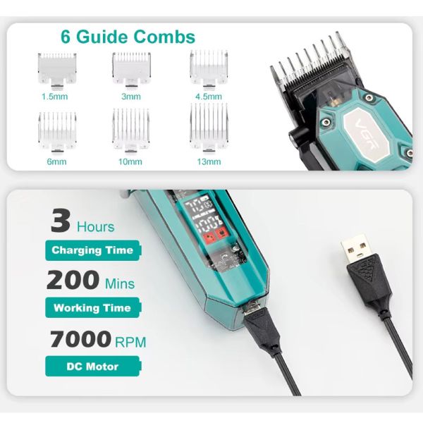 Акумуляторна машинка для стрижки (clipper) VGR V-600 GREEN, 6 насадок, регулятор висоти, LED display, 7000 RPM