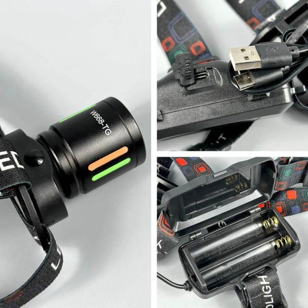 Ліхтар налобний NIGHT VISION FLUORESCENCE W668-TG, 2x18650, ЗП Type-C, zoom, Box
