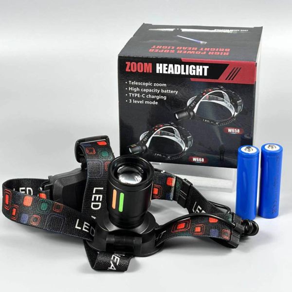 Ліхтар налобний NIGHT VISION FLUORESCENCE W668-TG, 2x18650, ЗП Type-C, zoom, Box