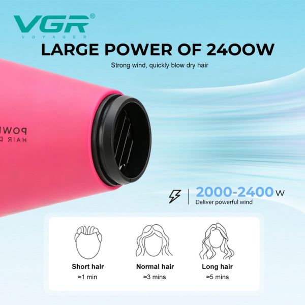 Фен професійний VGR V-457 PINK, 2 швидкості, 3 температурні режими, 2400 Вт
