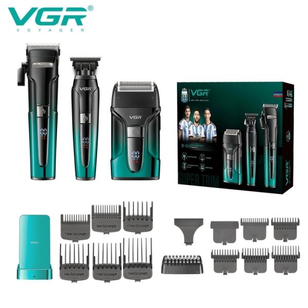 Комплект VGR 3 в 1 V-694 GREEN акумуляторна машинка для стриження (clipper), триммер та електробритва (шейвер)