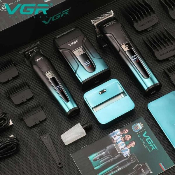 Комплект VGR 3 в 1 V-694 GREEN акумуляторна машинка для стриження (clipper), триммер та електробритва (шейвер)