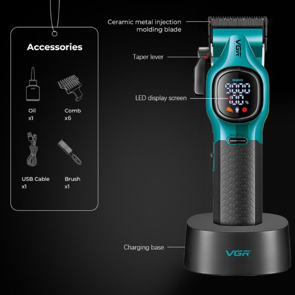 Акумуляторна машника для стриження (clipper) VGR V-886C GREEN, LED display, 9000RPM