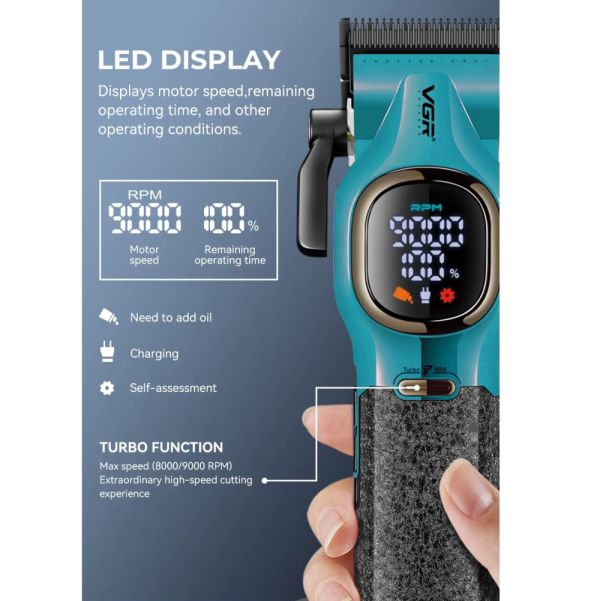 Акумуляторна машника для стриження (clipper) VGR V-886C GREEN, LED display, 9000RPM