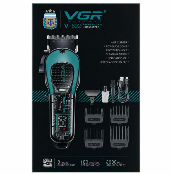 Акумуляторна машника для стриження (clipper) VGR V-692 GREEN, 4 насадки, LED display