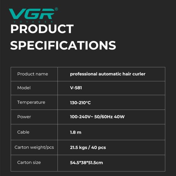 Плойка VGR V-581, automatic curling, температура від 130°C до 210°C, керамічне покриття, LED display, 45 Вт