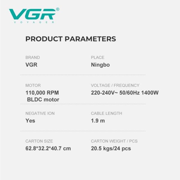 Фен професійний VGR V-446 PINK, 2 швидкості, 4 температурні режими, 110000RPM, 1400 Вт